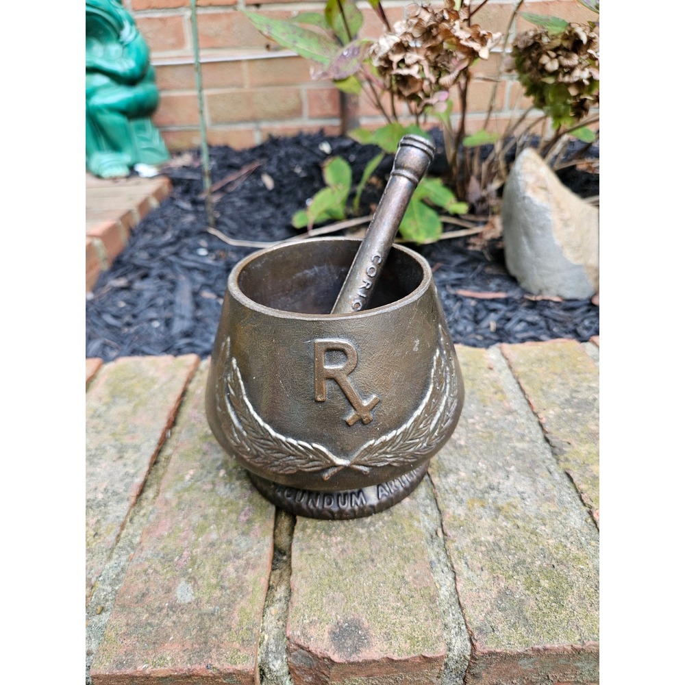 Vtg Shering Coricidin Brass Mortar & Pestle Apothecary Rx Medical Collectible
